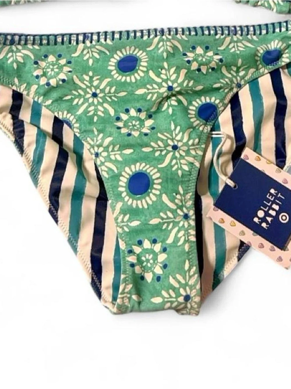 Roller Rabbit x Target Reversible Floral Stripe Bikini Bottom in Aqua and Blue S